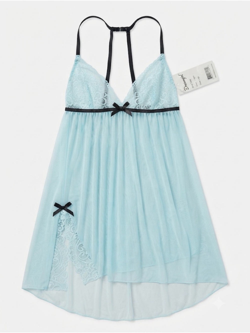 Dreamgirl Light Blue Lace & Black Trim Mesh Chemise